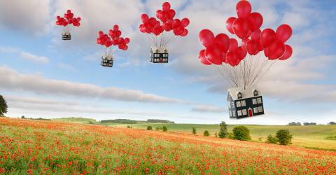 Huizen die vast zitten aan ballonnen en over een bloemenveld vliegen