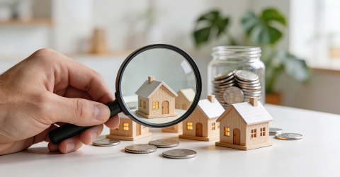 Hand met vergrootglas bekijkt houten huisjes met stapels muntgeld ervoor